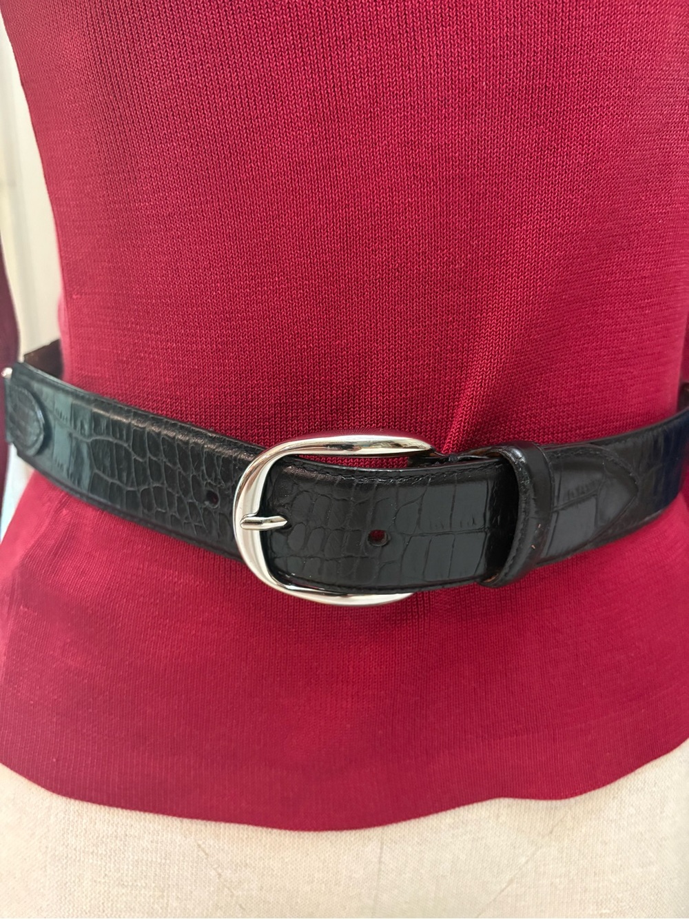 Black Croc-Embossed Italian Leather Belt with Silver Buckle- Size S